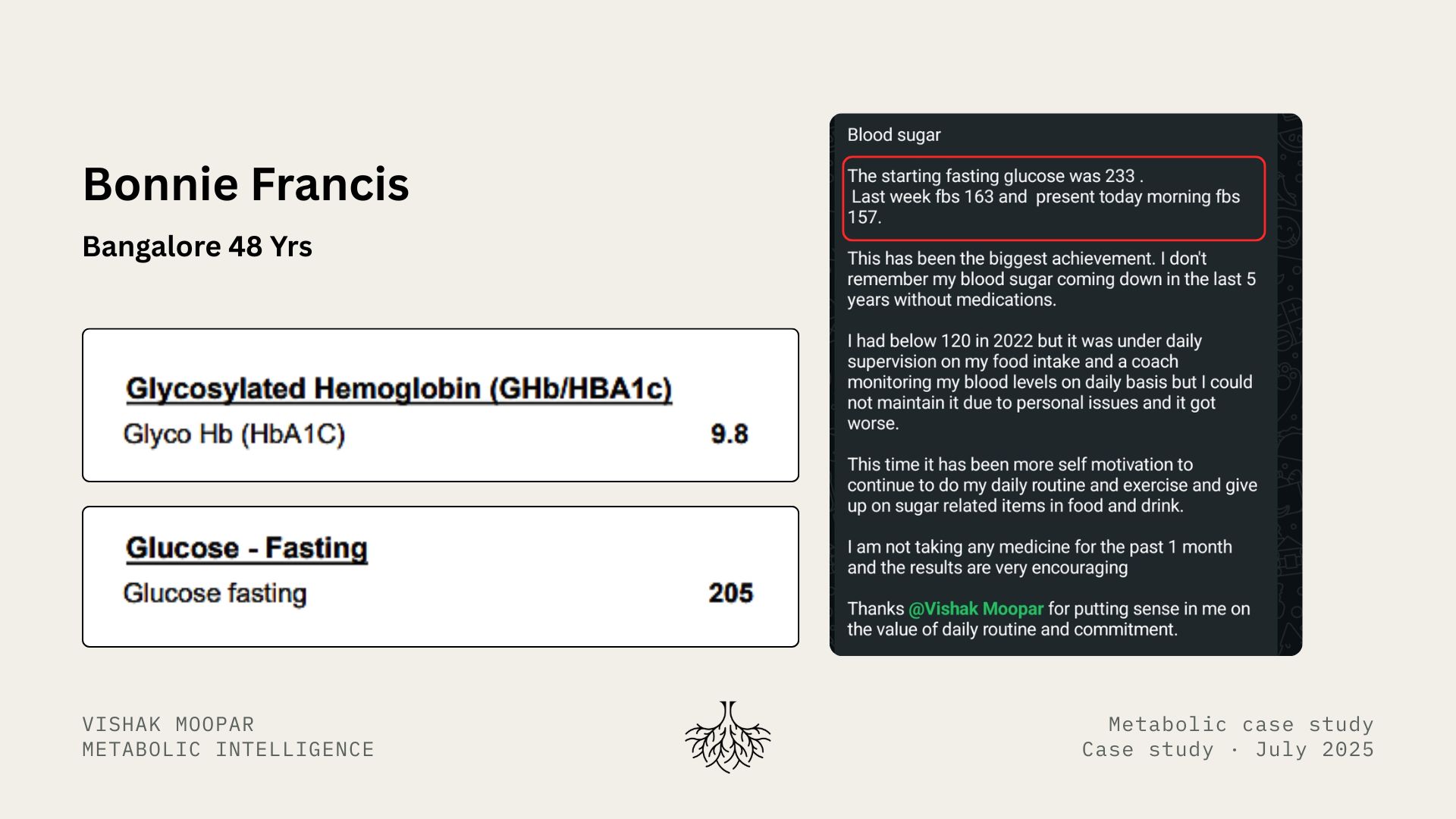 Bonnie Francis metabolic case study showing HbA1c, fasting glucose and WhatsApp feedback
